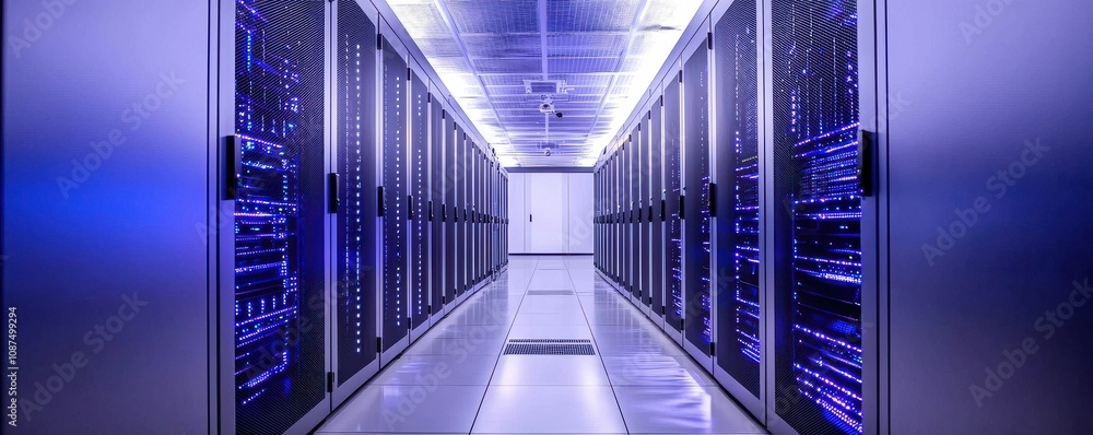 Poster a sleek, modern server room with rows of servers illuminated by blue lighting, creating a futuristic