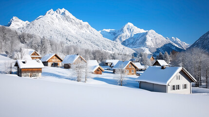 Scenic winter landscape with snow-covered wooden cabins in a mountainous area surrounded by frosted trees under a clear blue sky.
