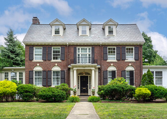 Classic Colonial Revival Two-Story Brick Family House with Symmetrical Design in Newton,...