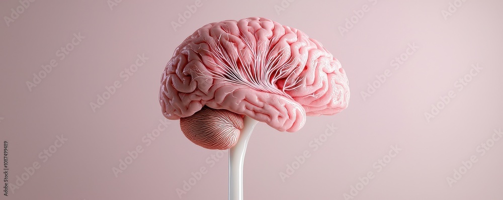 Poster a detailed depiction of a pink anatomical brain model on a simple background, highlighting its uniqu