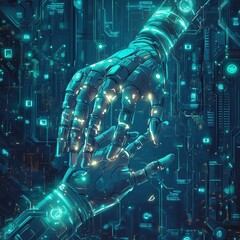 Futuristic Circuit Board with Code  hand robotic and Fractal Pattern, Arm Robot