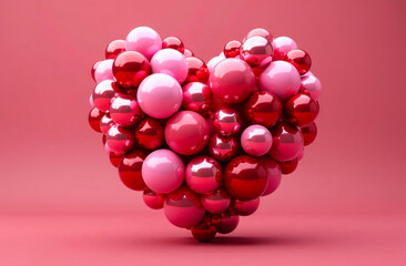 Fototapeta premium Colorful spheres in pink and red create a heart shape against a soft pink background, celebrating love and joy