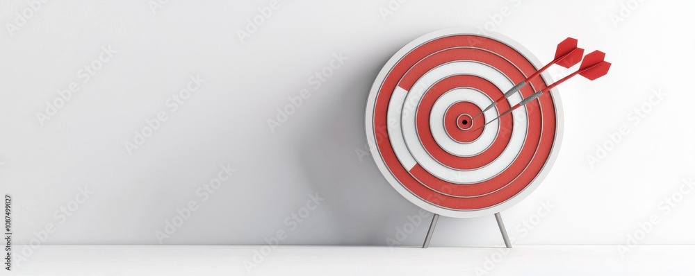 Poster a target board with red and white concentric circles, featuring two arrows embedded in the center, s