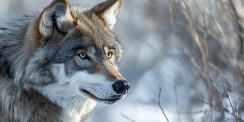 Obraz premium Grey wolf Canis lupus gazes attentively while showcasing its head and body, embodying the essence of the grey wolf and its striking features in a natural environment.