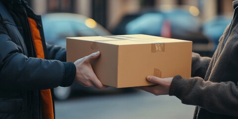 Delivery man providing package to customer, emphasizing the close up view of the hand and box during the delivery process. The delivery interaction highlights the importance of effective delivery.