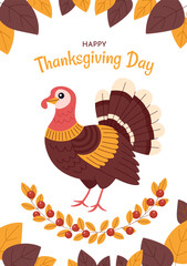 Thanksgiving day card with cute turkey and autumn leaves. Greeting postcard with autumn holiday.