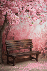 A wooden bench sitting under a tree with pink flowers