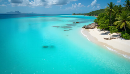 Fototapeta premium Clear ocean with turquoise water and white sandy beach, tropical paradise, scenic view, copy space
