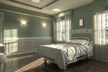 modern conceptual Luxury with Cottage-style stylish empty hospital room with charming details and cozy atmosphere
