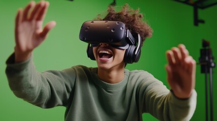 A young person wearing a VR headset smiles excitedly while interacting with the virtual world in front of a green screen