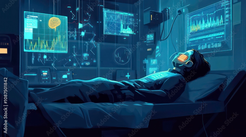 Aufkleber a man lies in a futuristic bed, surrounded by screens displaying data and graphs. he wears a mask an