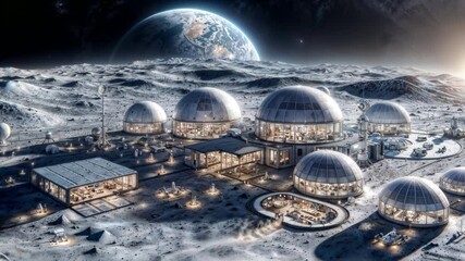 Futuristic lunar base with domed structures on cratered moon surface. Earth visible in starry sky. Sci-fi space colony concept. - Powered by Adobe