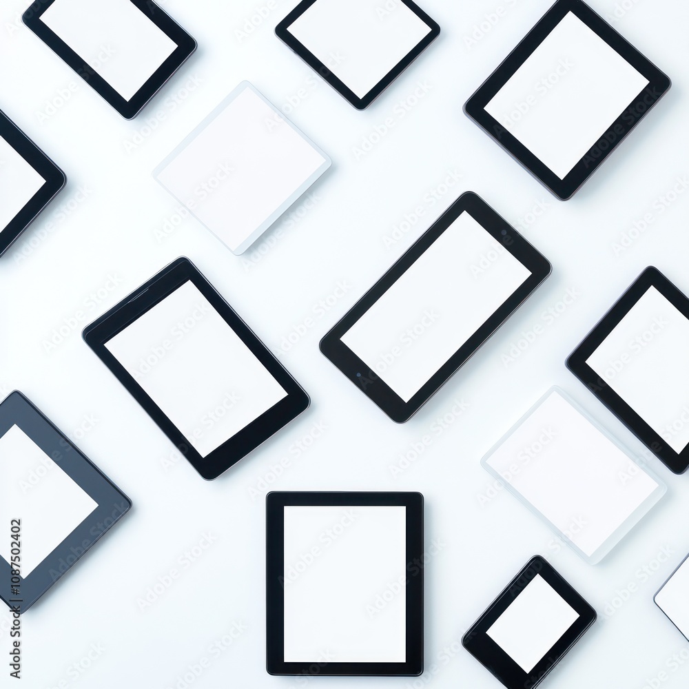 Poster a collection of various tablets and e-readers arranged on a flat surface.