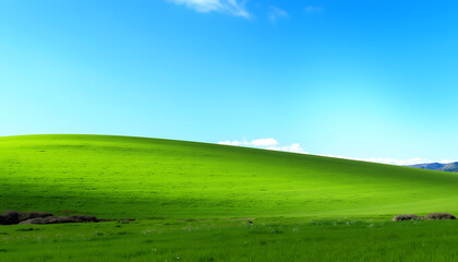 Fototapeta premium Lush green hills under bright blue sky, nature conservation message, copy space