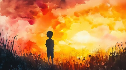 Fototapeta premium A silhouetted child stands in a vibrant sunset, surrounded by tall grass, capturing a moment of reflection and wonder in nature's beauty.