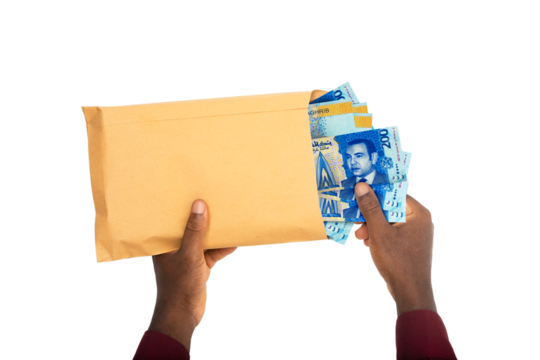 black male hands holding opened brown envelope containing Morocco dirham notes on transparent background
