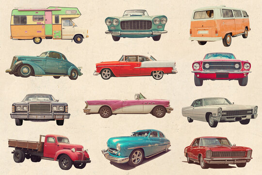 Fototapeta Retro cars on vintage background, collection of antique automobile collage cutouts