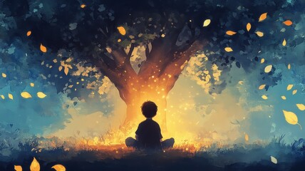 A serene scene of a child meditating under a glowing tree, surrounded by softly falling leaves, evoking tranquility and connection with nature.
