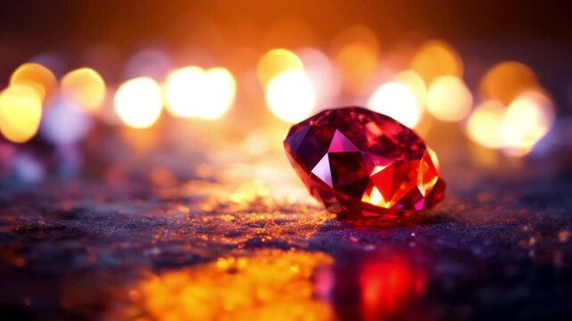 Radiant red ruby gemstone against blurred background with vibrant fiery bokeh lights.
