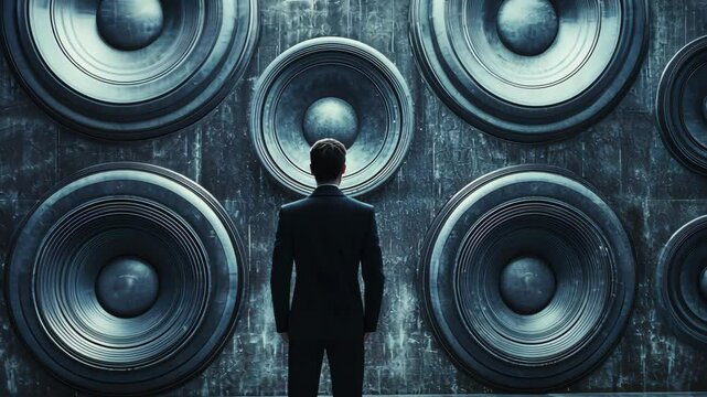 Businessman standing facing wall of speakers