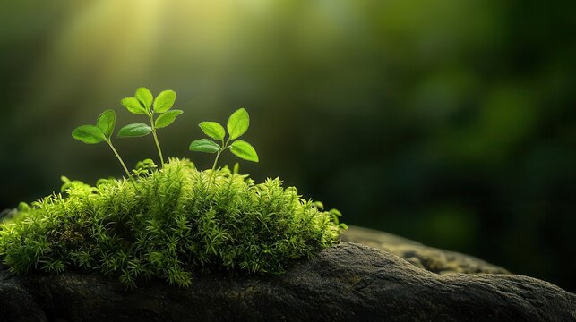 Moss and tiny flowers thriving on a rock surface, natural macro shot, microecosystem