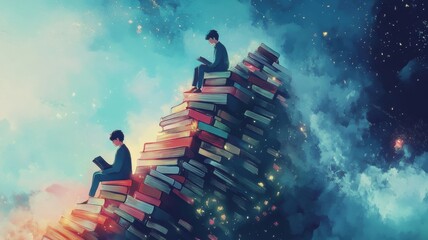 Two figures read on a towering stack of books, surrounded by a dreamy cosmic backdrop, symbolizing knowledge and imagination.