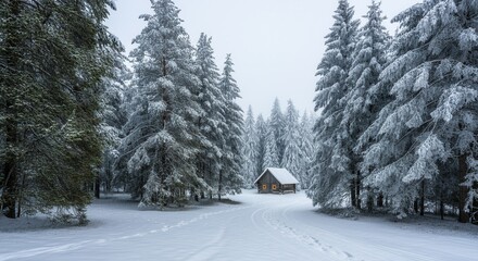 Obraz premium Serene winter cabin nestled in snowy