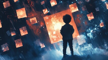 A silhouette of a child stands before a glowing, abstract backdrop of illuminated squares, evoking a sense of wonder and exploration in a dreamlike environment.