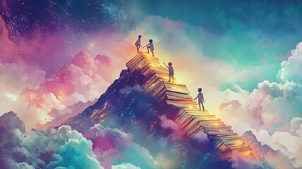 A surreal scene depicting individuals climbing a vibrant, cosmic mountain made of books, surrounded by dreamlike clouds and an ethereal glow.