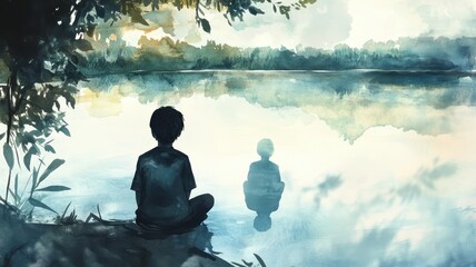 A serene scene of a boy sitting by a lake, reflecting on his image in the water amidst soft, natural colors and tranquility.
