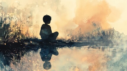 A silhouette of a child sits by a serene water body, reflecting a tranquil scene filled with soft colors and nature's beauty.