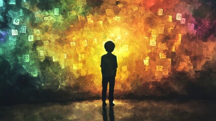 A silhouette of a child stands before a vibrant, colorful backdrop filled with abstract shapes and patterns, evoking wonder and imagination.
