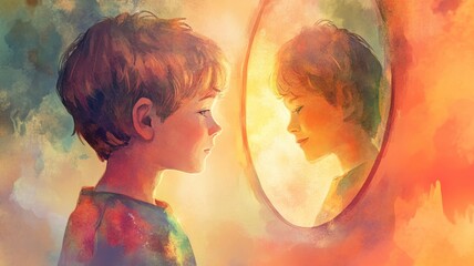 A boy gazes into a colorful mirror, reflecting a dreamy version of himself, surrounded by vibrant hues and a whimsical atmosphere.