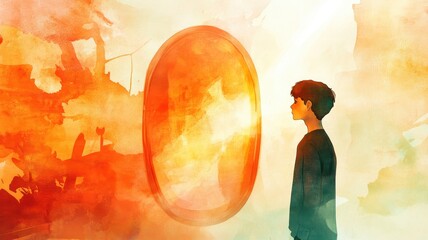 A contemplative figure stands before a glowing portal, surrounded by vibrant colors, evoking a sense of wonder and curiosity.