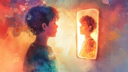 A young boy gazes at his reflection in a mirror, surrounded by vibrant, colorful swirls, symbolizing introspection and self-discovery.