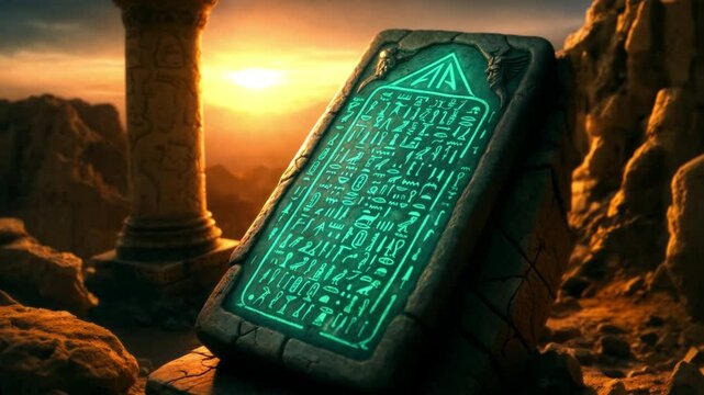 Emerald Tablet of Thoth / Hermes Trismegistus with Egyptian hieroglyphic inscriptions glowing with mysterious turquoise light against desert sunset, stone ruins and pillars in background