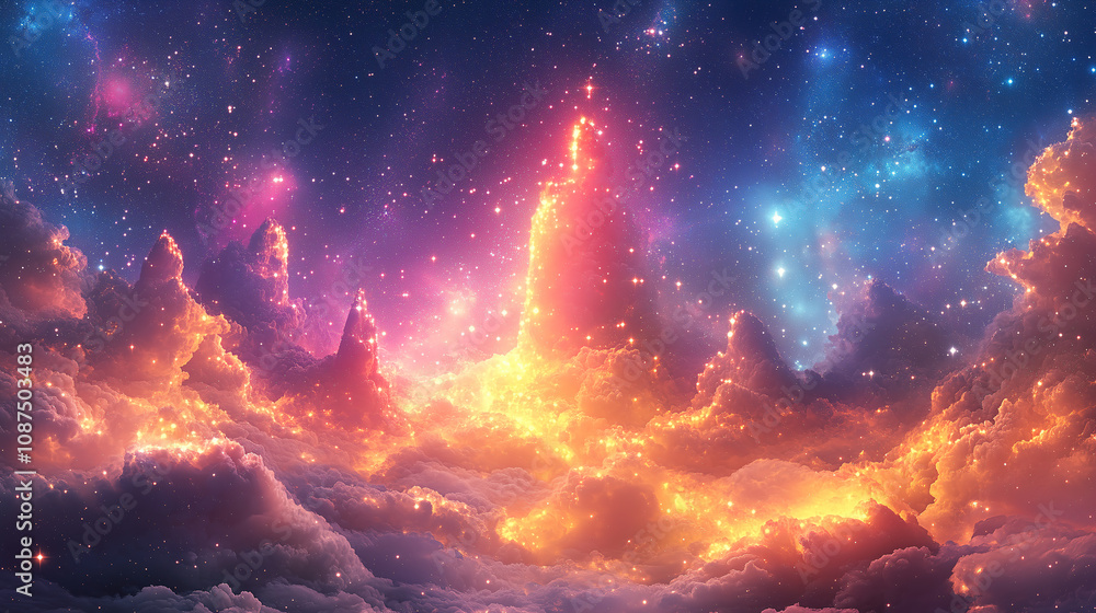 Poster stunning view of colorful cosmic clouds illuminating the night sky with vibrant hues in a vast unive