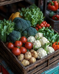 A vibrant display of fresh vegetables in a wooden crate at a market.