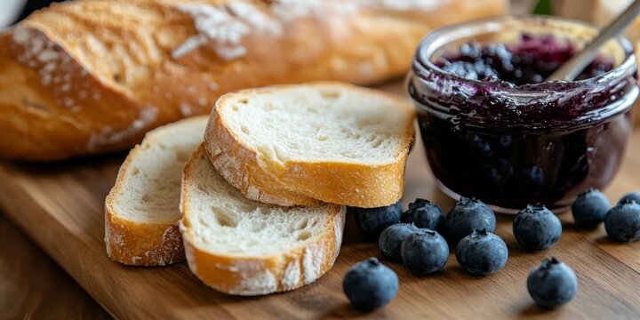 Freshly sliced French baguette bread paired with blueberry jam on a wooden bread board creates a delightful combination. Enjoy the taste of homemade French baguette bread with blueberry jam. - Powered by Adobe