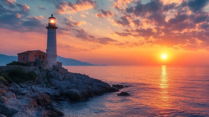 lighthouse in the sea while sunrise / sunset 
