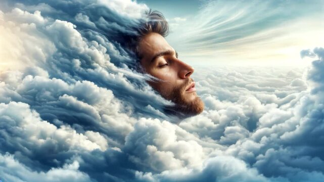 Head in the clouds. Man's face emerging from clouds, contemplative gaze, ethereal sky, concept of wonder and introspection.	