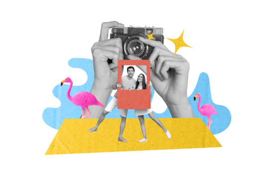 Creative collage advert of two people spouses enjoy summer relax together on exotic shore with flamingo make photo