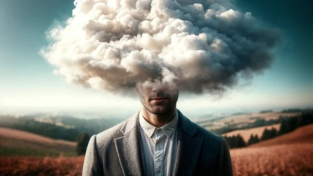 Head in the clouds. Man with cloud for head standing in rural landscape, concept of daydreaming, surrealism, and imagination.
