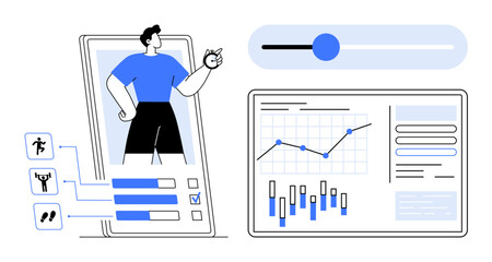 Character on fitness app screen with exercise icons and progress bars adjacent dashboard displaying graphs and statistics. Ideal for health tracking, wellness apps, data visualization, user interface