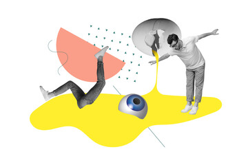 Composite creative photo collage picture of funky young guy dangerous watching eyeball broken egg...