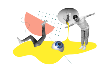 Composite creative photo collage picture of funky young guy dangerous watching eyeball broken egg psychedelic isolated on orange background