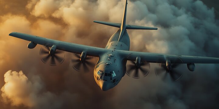 C 130 Hercules featured from the front perspective during an exciting airshow, showcasing the impressive design and capabilities of the C 130 Hercules in flight. - Powered by Adobe