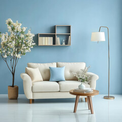 armchair sofa Book shelf and blue wall. Scandinavian home interior design of modern living room