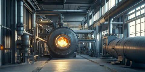 Rotary furnace designed for roasting processes, featuring a pipe system, is showcased in a manufacturing plant setting, highlighting the effectiveness of a rotary furnace in production.