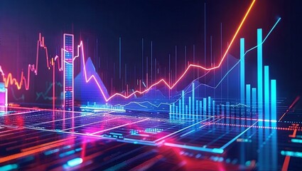 Futuristic digital graph with neon colors and rising trend, displaying data analysis and technology in a dark setting.